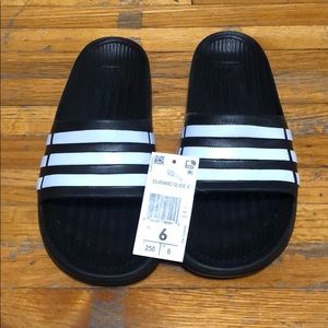 Adidas black and white slippers